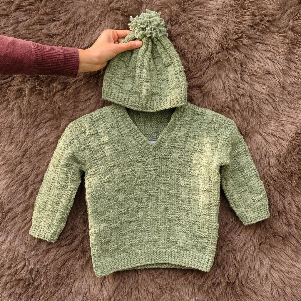 Handmade Sage Green Baby Knit Sweater & Hat Set