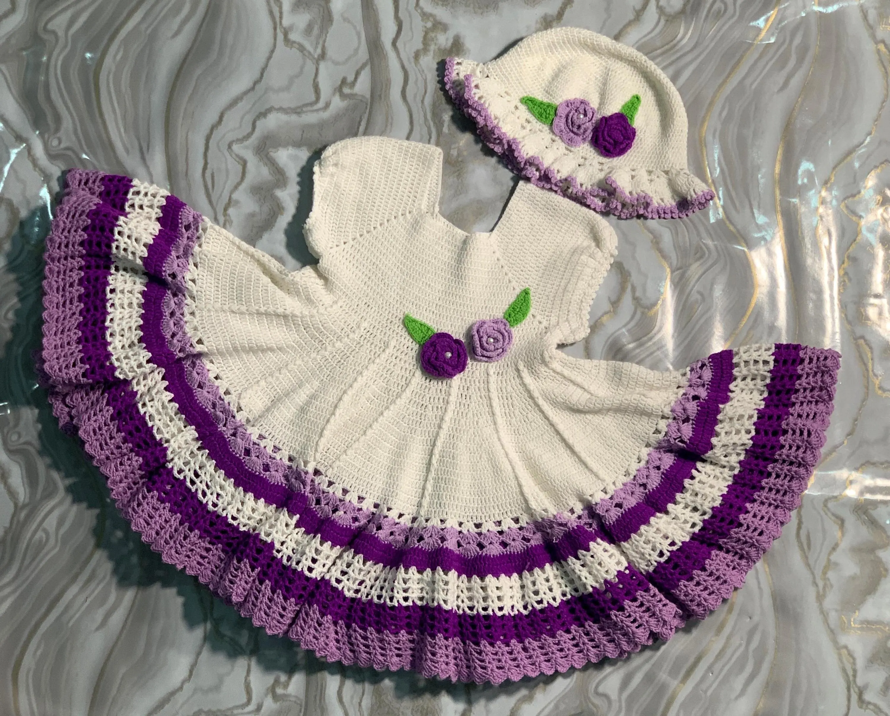Handmade Crochet Baby Dress Set | White & Lavender Frock with Cap