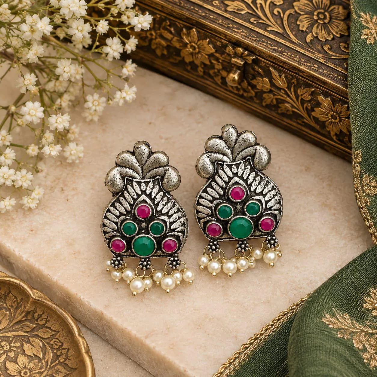 Oxidized Silver Stud Earrings, Indian Temple Style, Pink Green Stone Pearl Drops