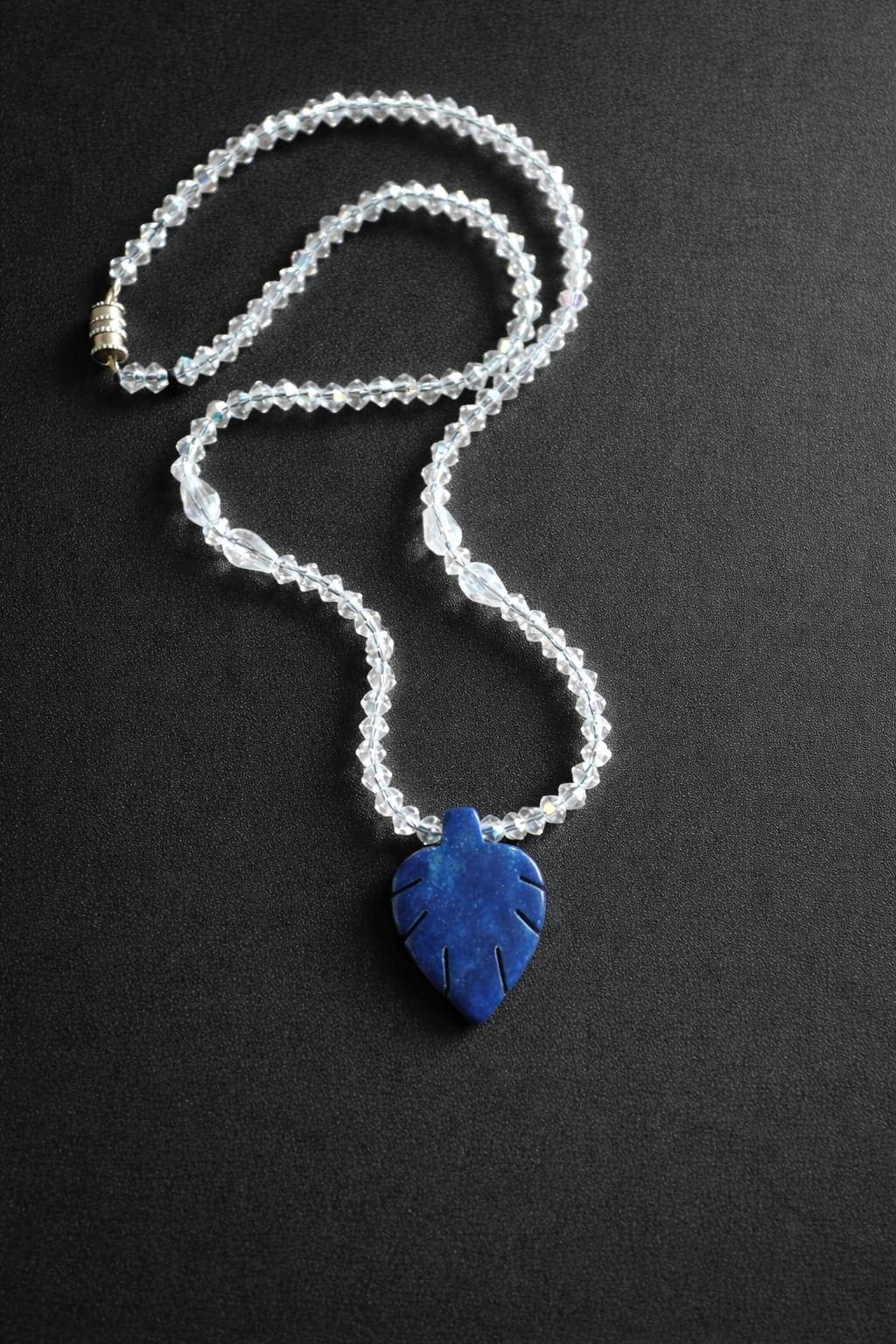 Carved Lapis Lazuli Leaf Necklace, Clear Crystal Beaded Chain, Nature Inspired Jewelry