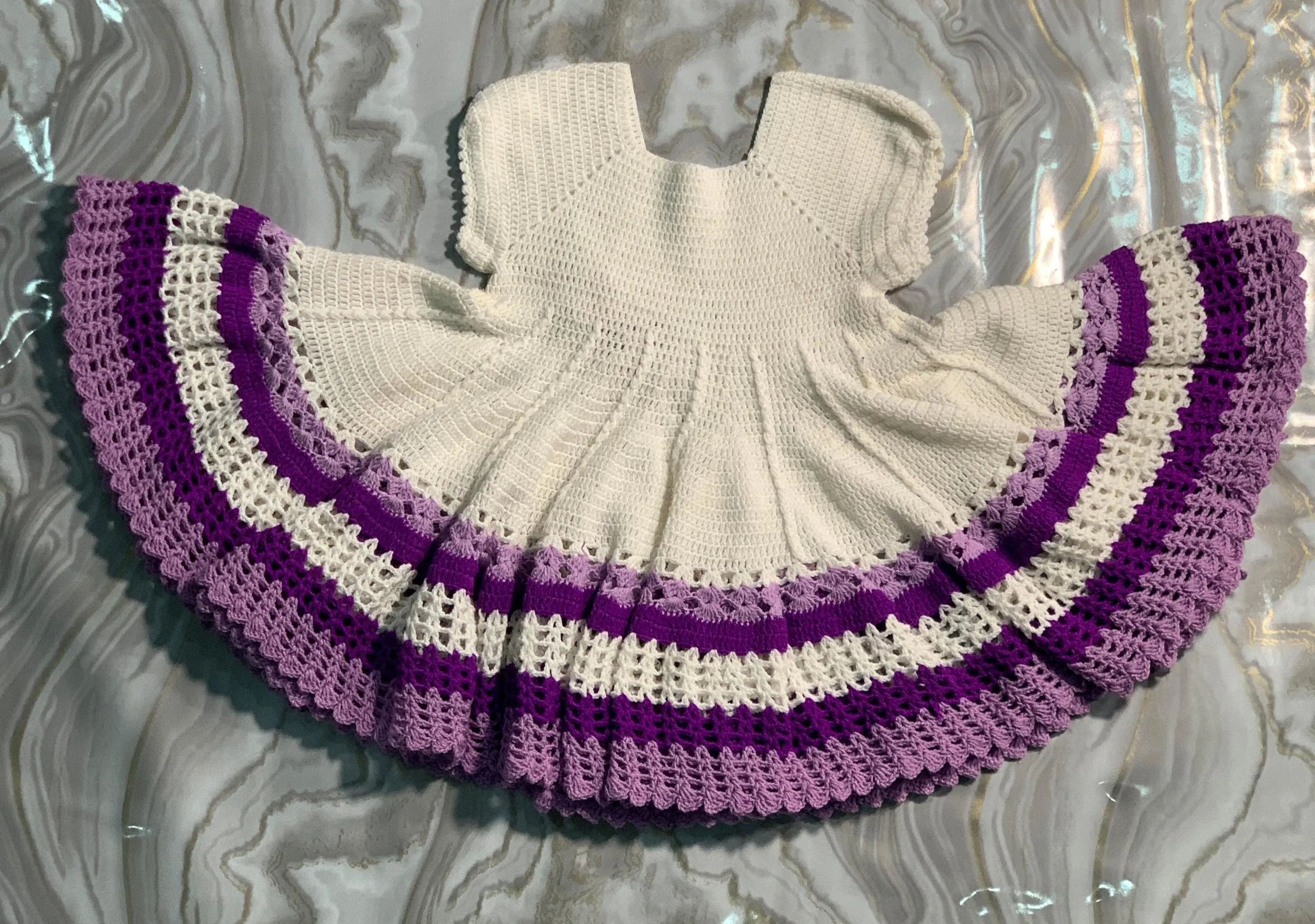 Handmade Crochet Baby Dress Set | White & Lavender Frock with Cap - image 5