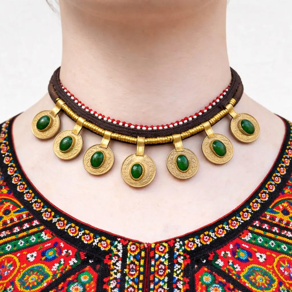 Handmade Afghan Choker, Gold Tone Engraved Coins, Green Stone Tribal Necklace