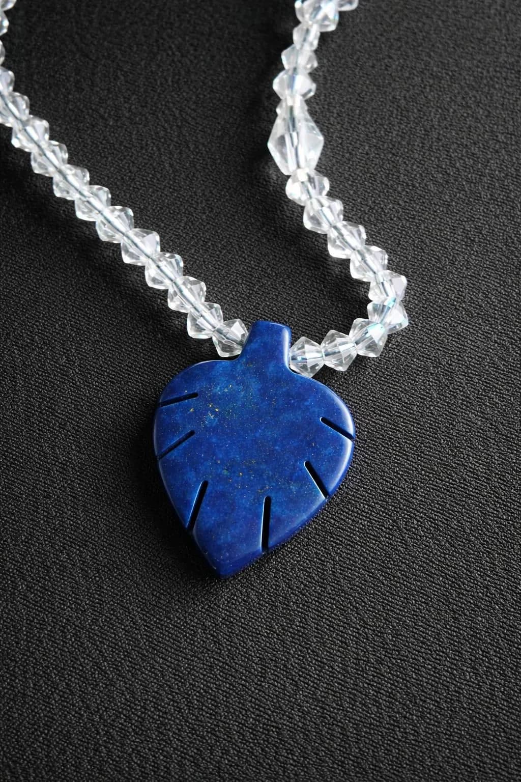 Carved Lapis Lazuli Leaf Necklace, Clear Crystal Beaded Chain, Nature Inspired Jewelry - image 5