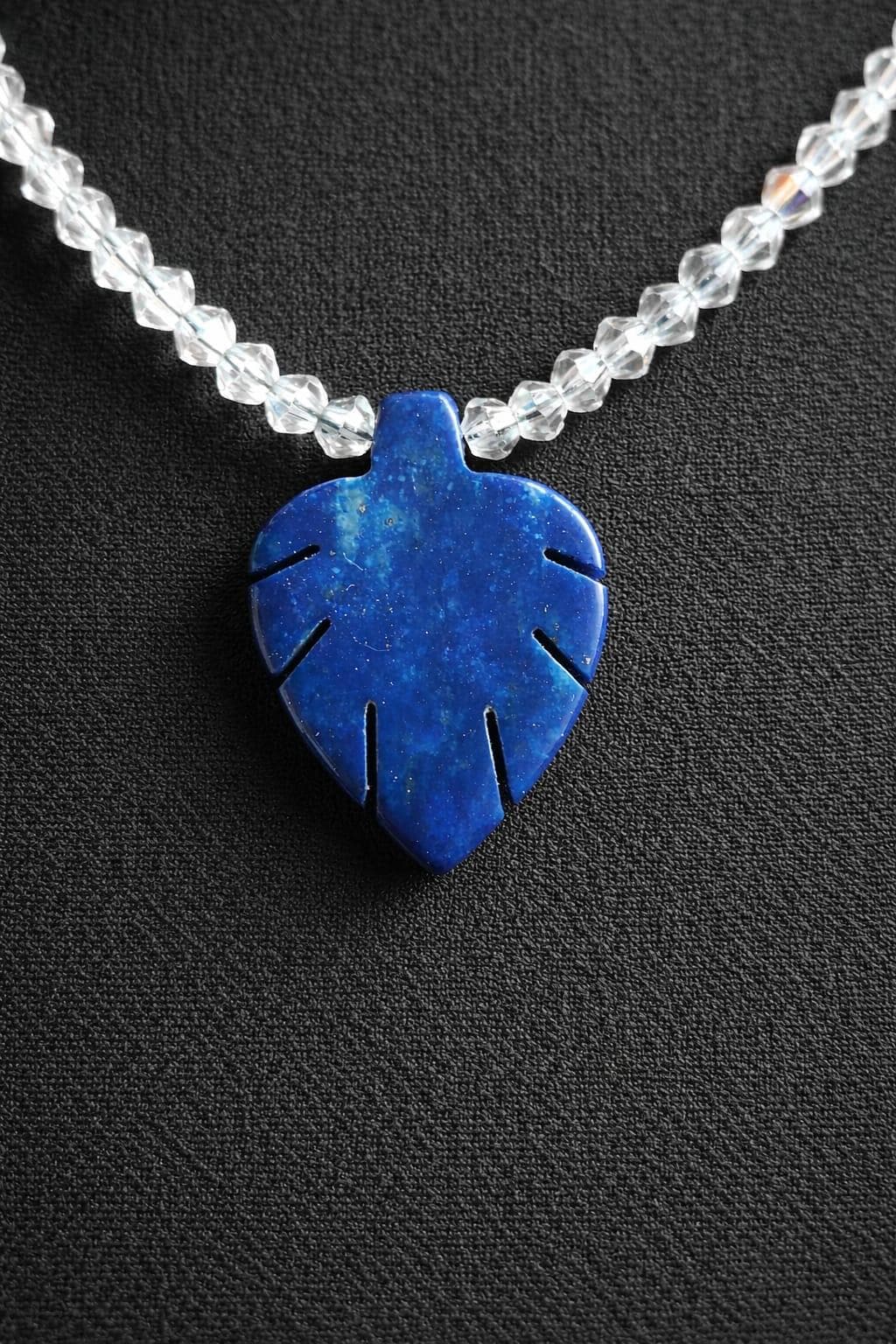 Carved Lapis Lazuli Leaf Necklace, Clear Crystal Beaded Chain, Nature Inspired Jewelry - image 3