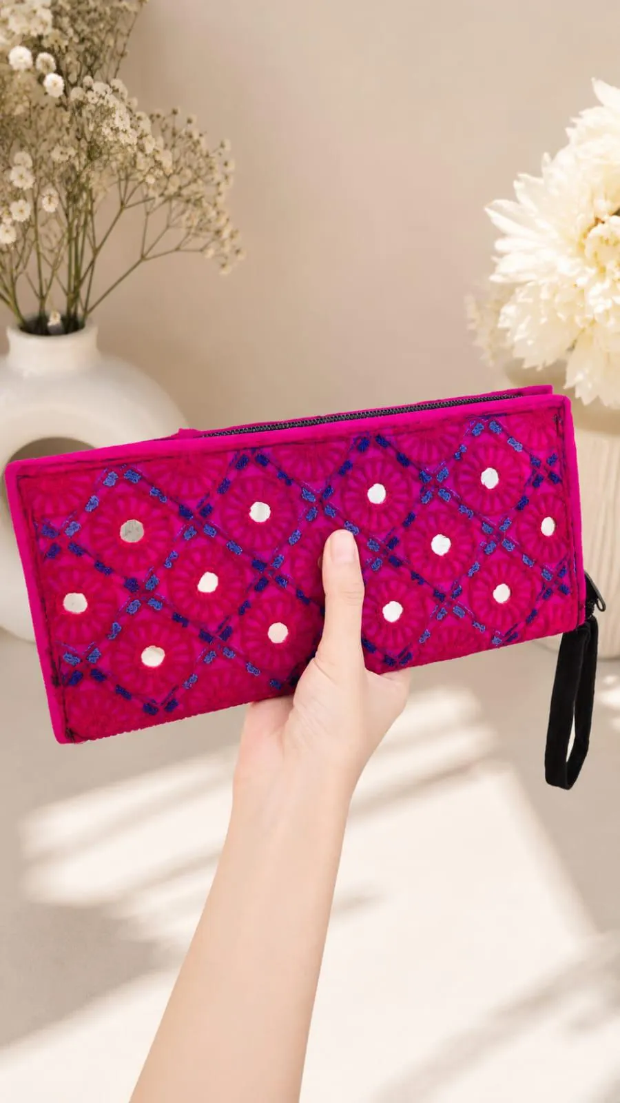 Handmade Sindhi Embroidered Clutch, Pink Ethnic Wristlet, Boho Evening Bag - image 4