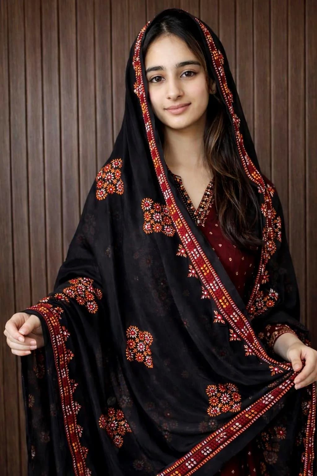 Hand Embroidered Balochi Chadar | Traditional Pakistani Georgette Shawl with Mirror Work - image 4