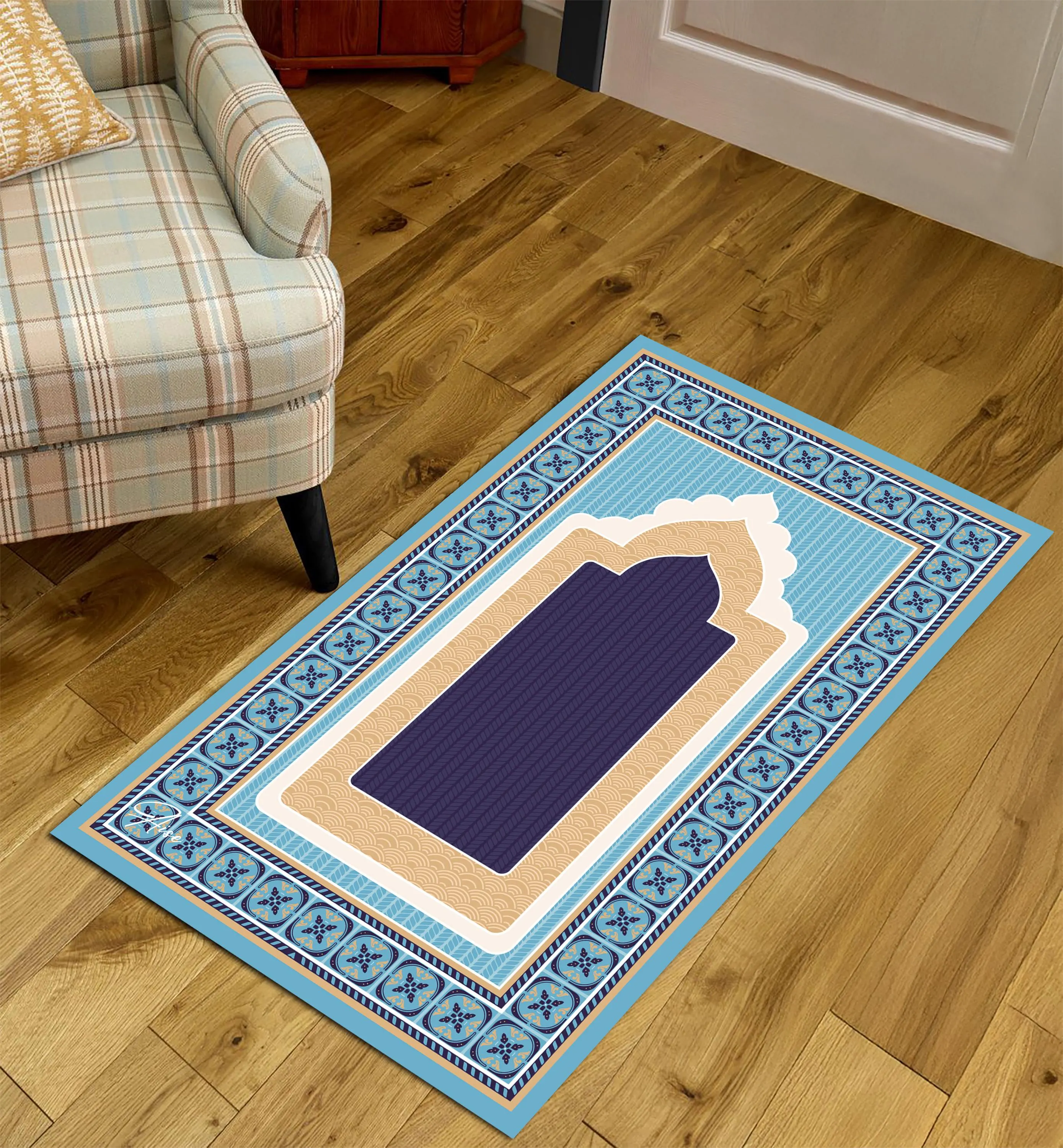 Thick Plush Turkish Prayer Rug – Blue Islamic Prayer Mat, Modern Design - image 5