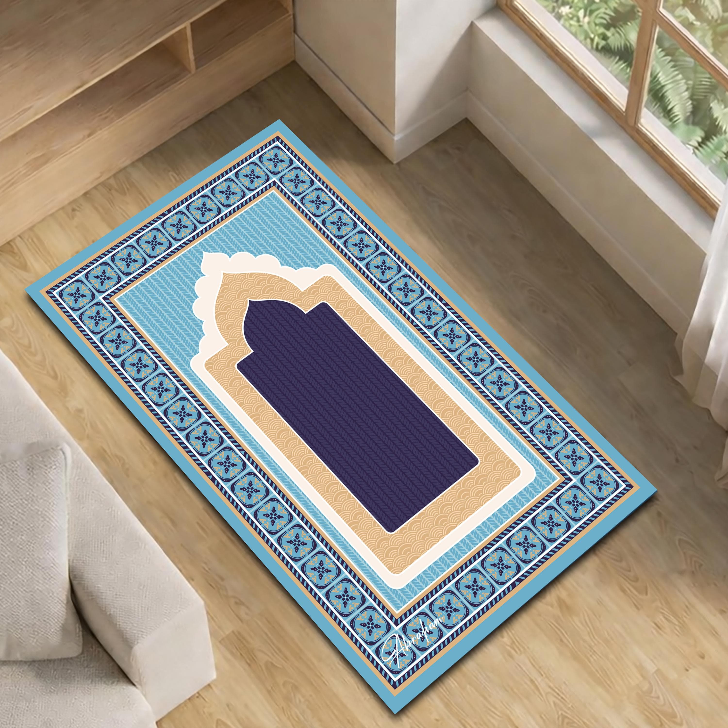 Thick Plush Turkish Prayer Rug – Blue Islamic Prayer Mat, Modern Design