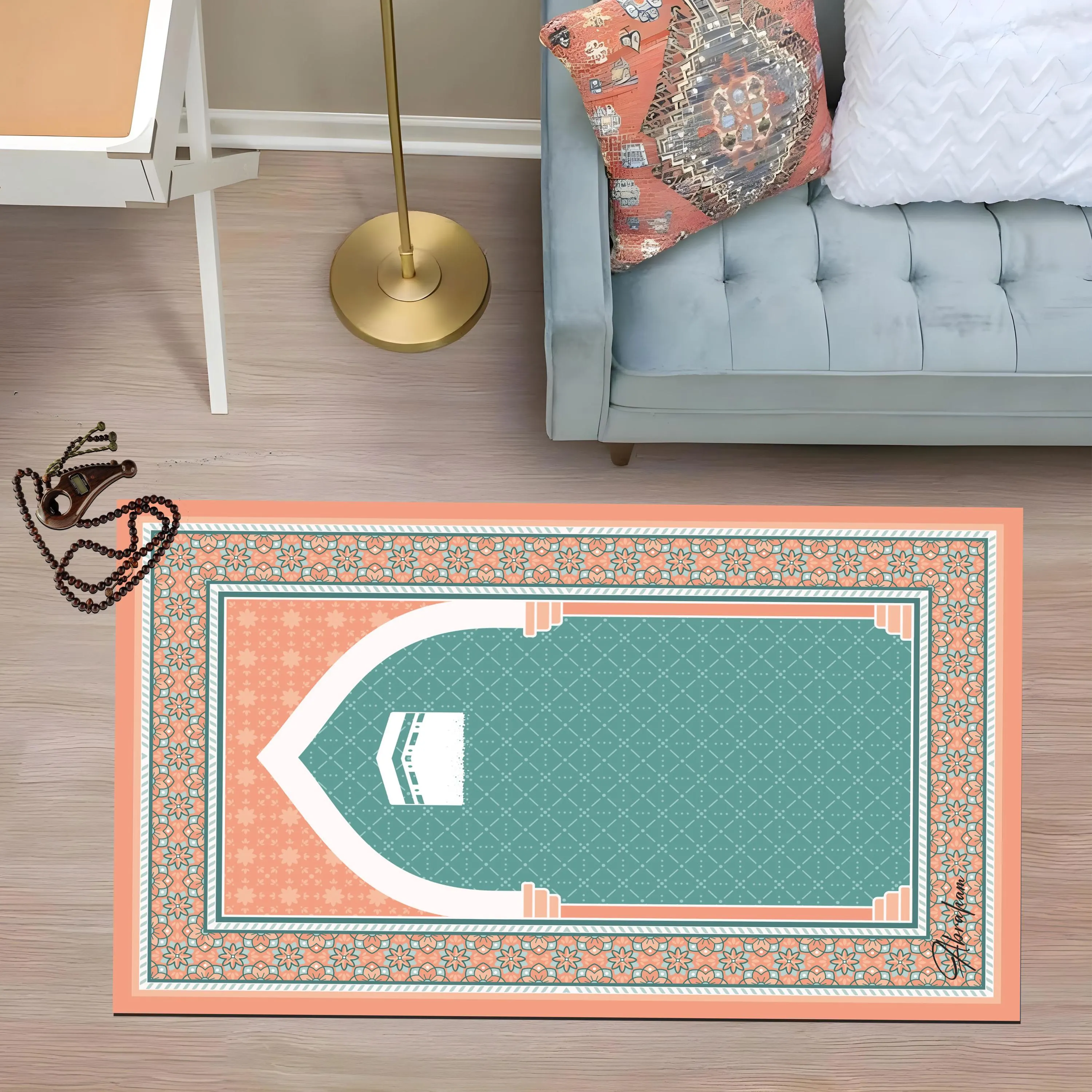 Turkish Floral Prayer Rug, Kabaa Muslim Prayer Mat, Turquoise Islamic Decor - image 4
