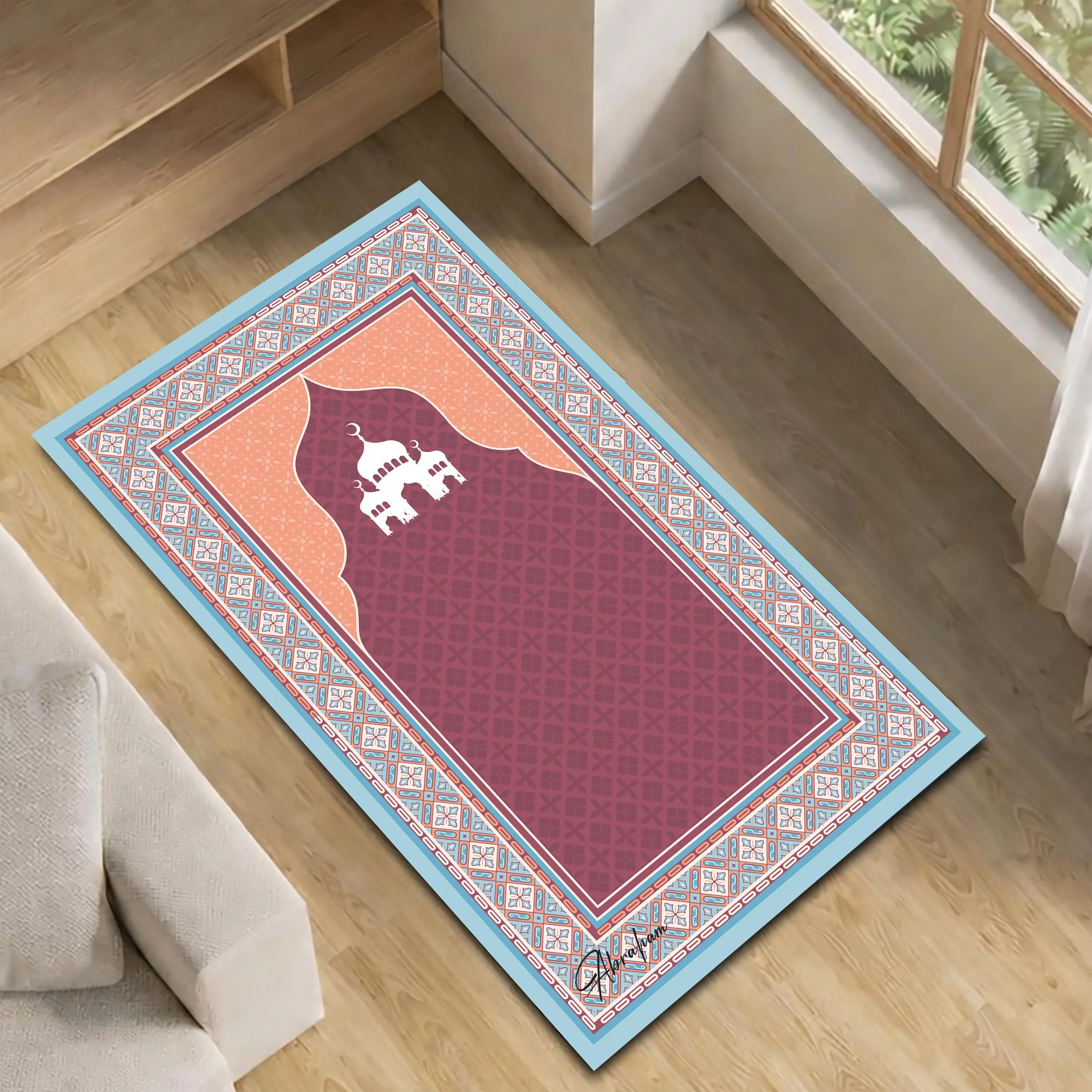 Mosque Pattern Travel Prayer Rug, Digital Printed Islamic Artwork, Women's Salah Mat