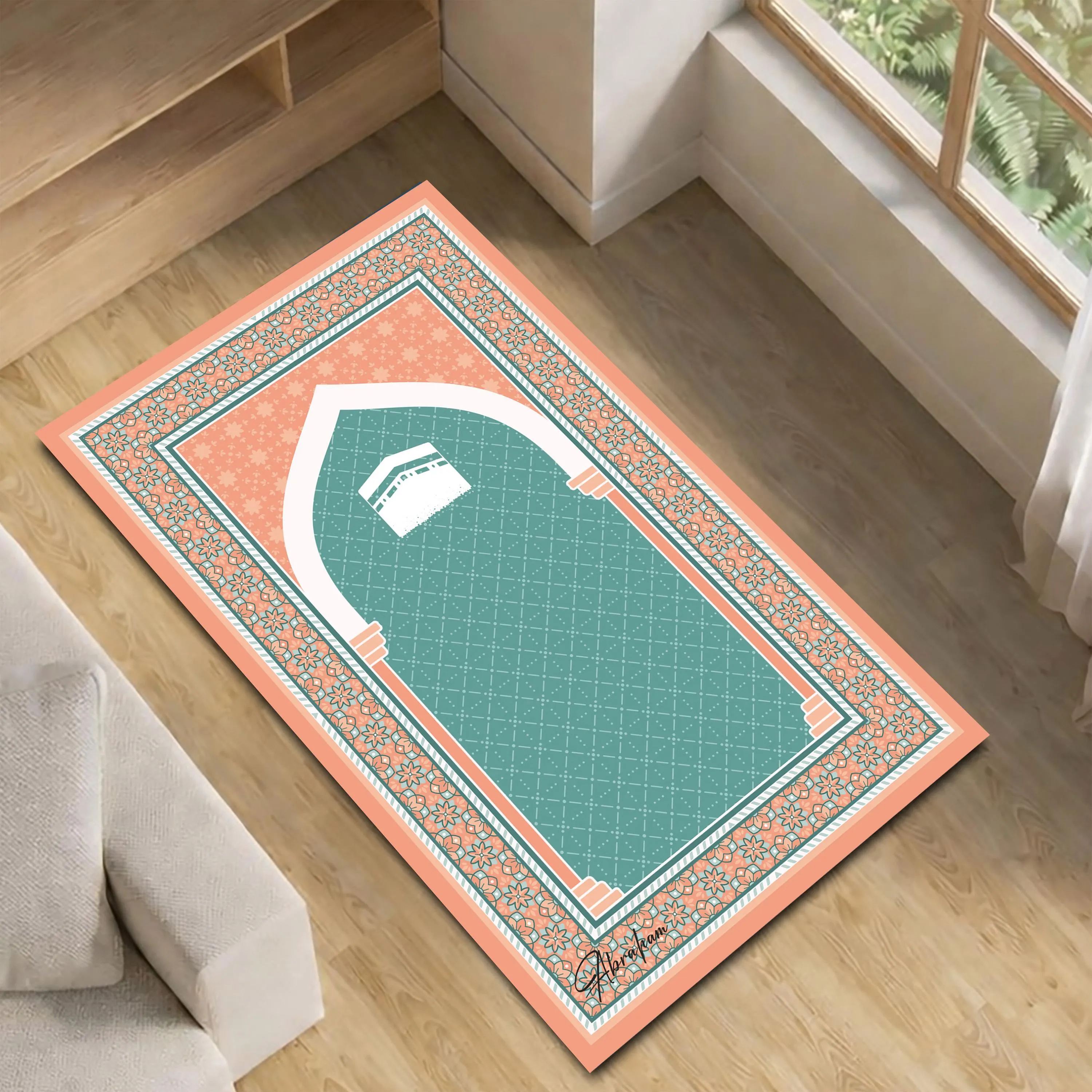 Turkish Floral Prayer Rug, Kabaa Muslim Prayer Mat, Turquoise Islamic Decor