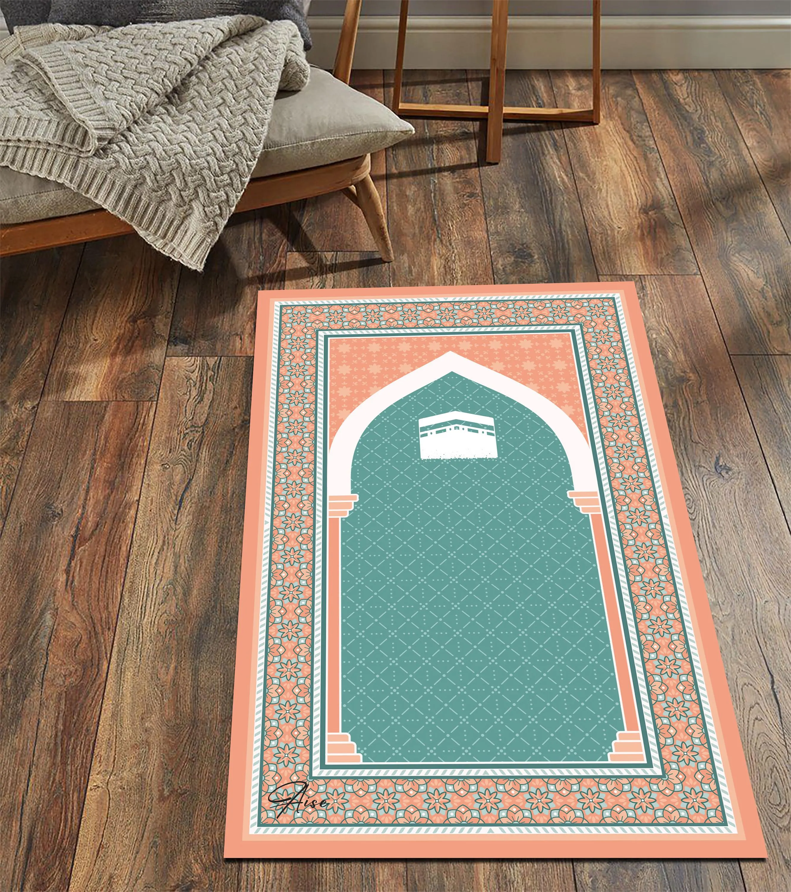 Turkish Floral Prayer Rug, Kabaa Muslim Prayer Mat, Turquoise Islamic Decor - image 5
