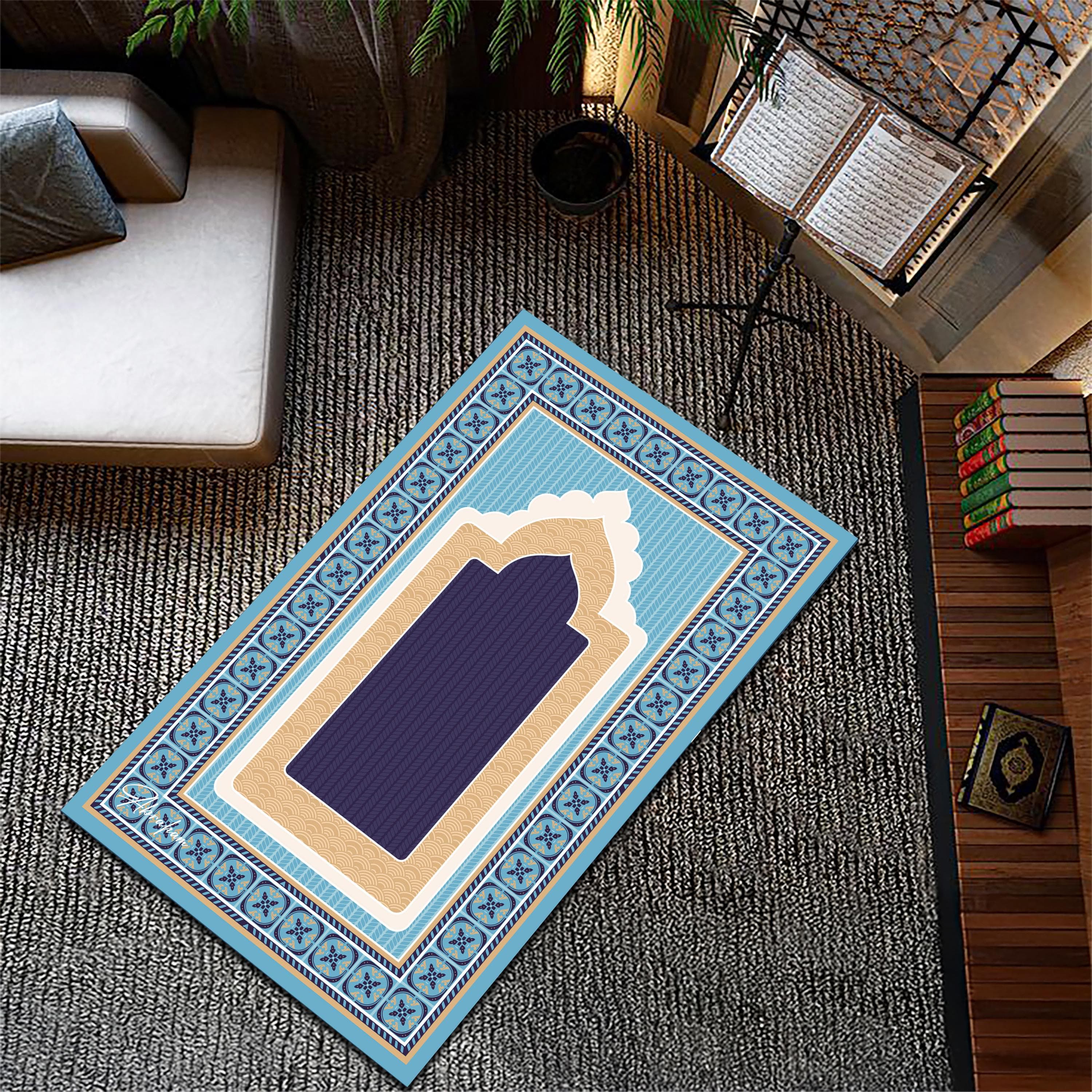 Thick Plush Turkish Prayer Rug – Blue Islamic Prayer Mat, Modern Design - image 3