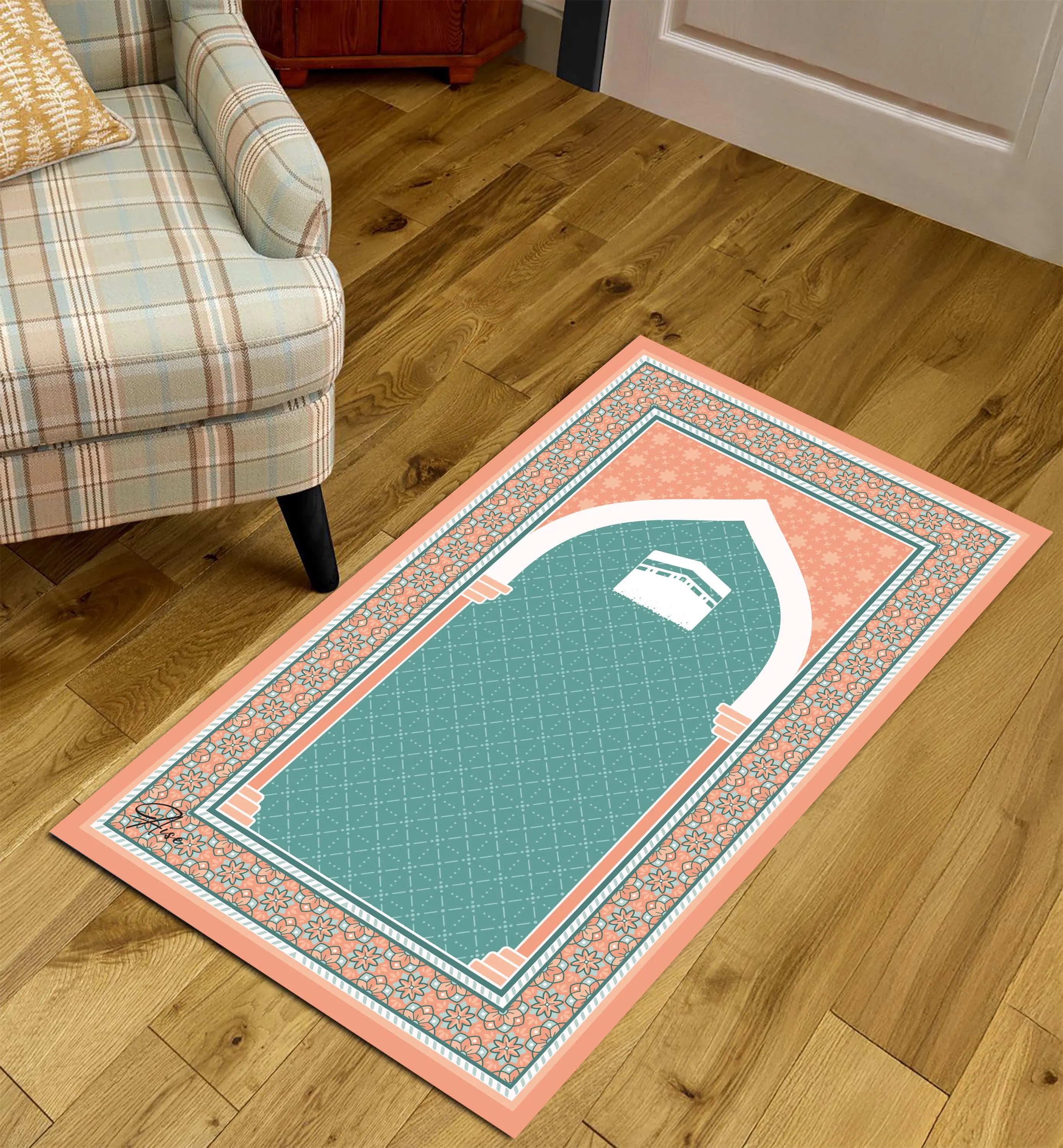 Turkish Floral Prayer Rug, Kabaa Muslim Prayer Mat, Turquoise Islamic Decor - image 3