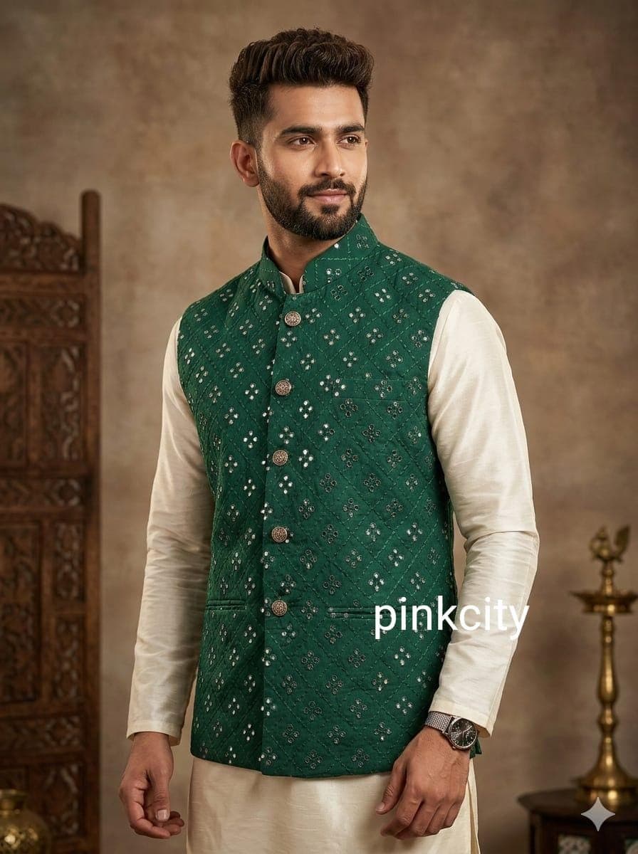 Green Mirror Work Nehru Jacket for Men | Festive Indian Wedding Waistcoat Groom Modi Vest - image 4