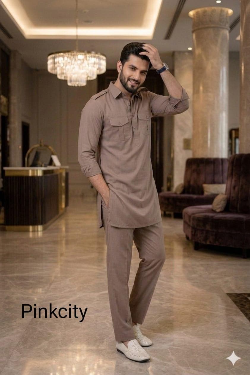 Men's Taupe Kurta Pajama Set | Pakistani Traditional Ethnic Wear, Modern Fit - image 3