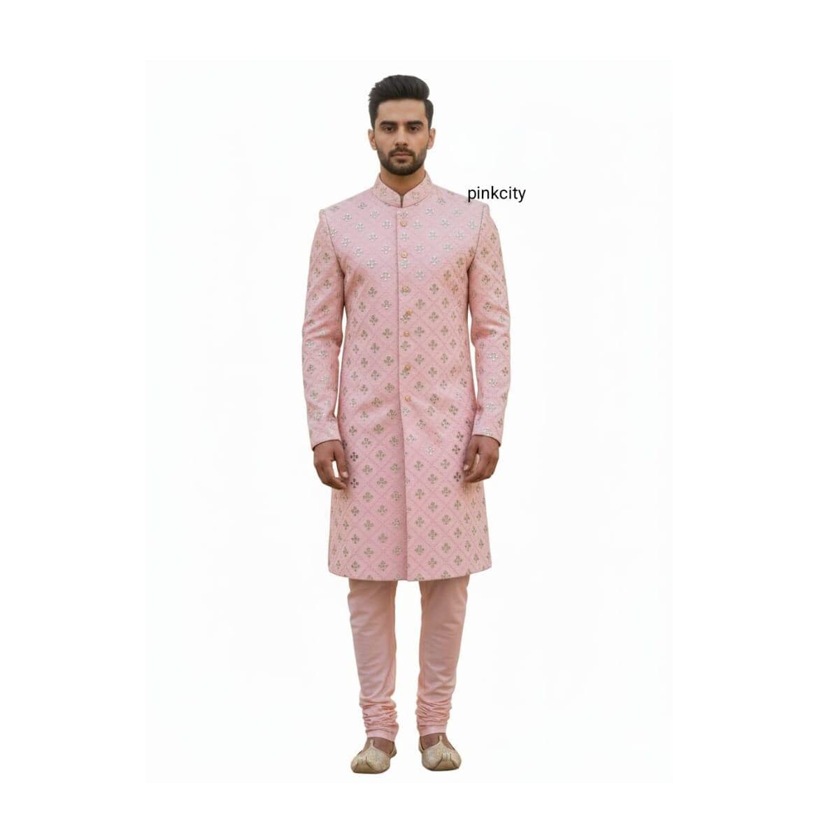 Men’s Pink Sherwani | Mirror Work Wedding for Groom | Pastel Groom Outfit | Indian Ethnic Wear