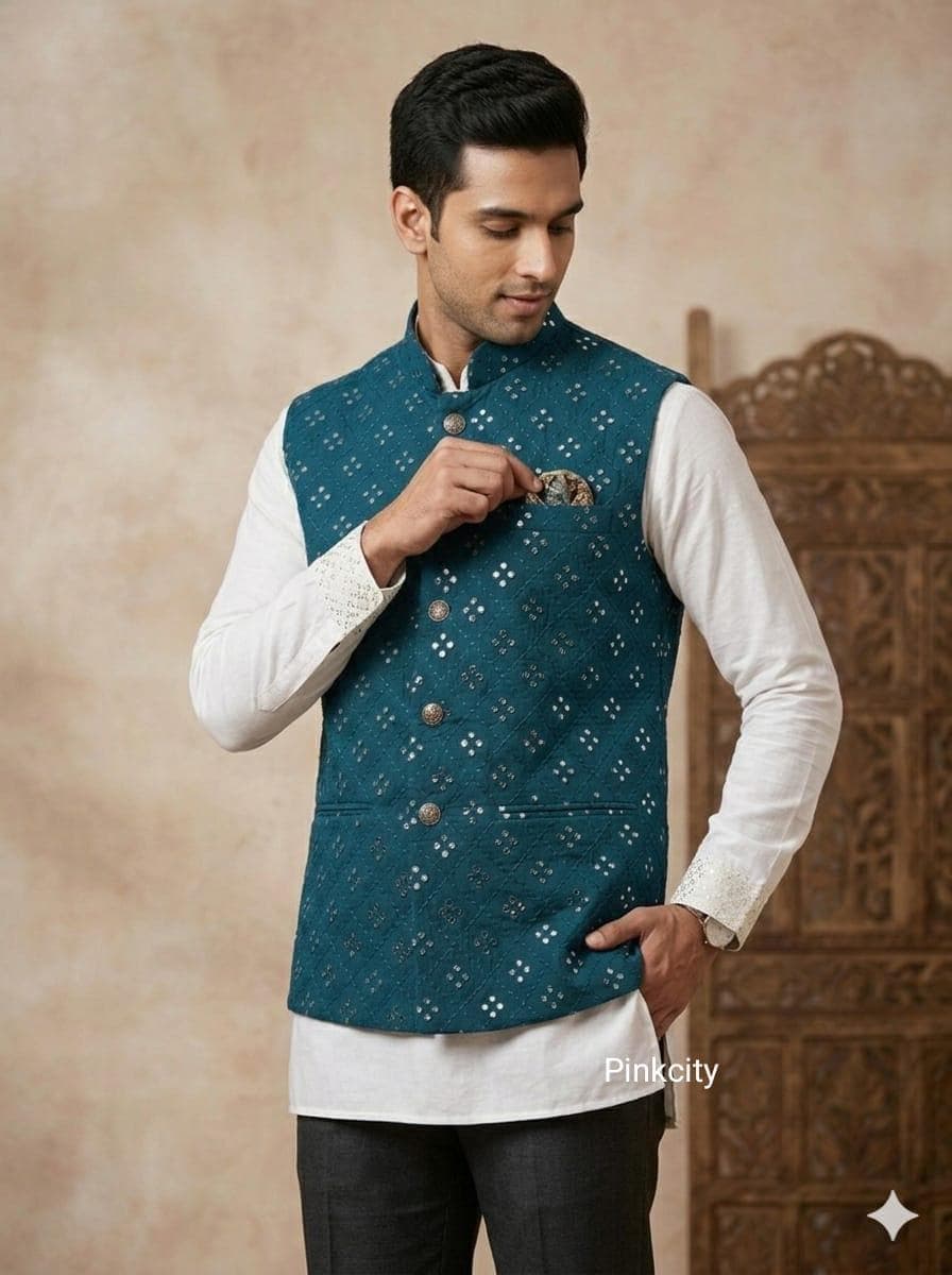 Men’s Teal Bandhani Nehru Jacket, Ethnic Waistcoat, Wedding Festive Kurta Jacket