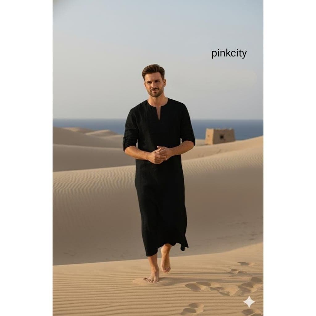 Mens Black Kaftan Thobe | Jubba for Men | Dubai Arabic Robe | Minimalist Summer Breathable