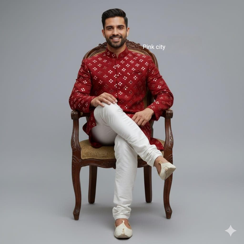 Men’s Green Mirror Work Sherwani | Indian Wedding Outfit for Groom | Designer Sherwani Set | Festive - image 4