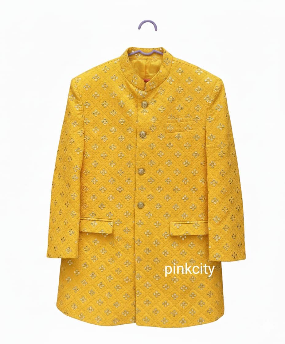 Yellow Embroidered Jodhpuri Suit | Mirror Work Bandhgala Men's Festive Wear - image 2