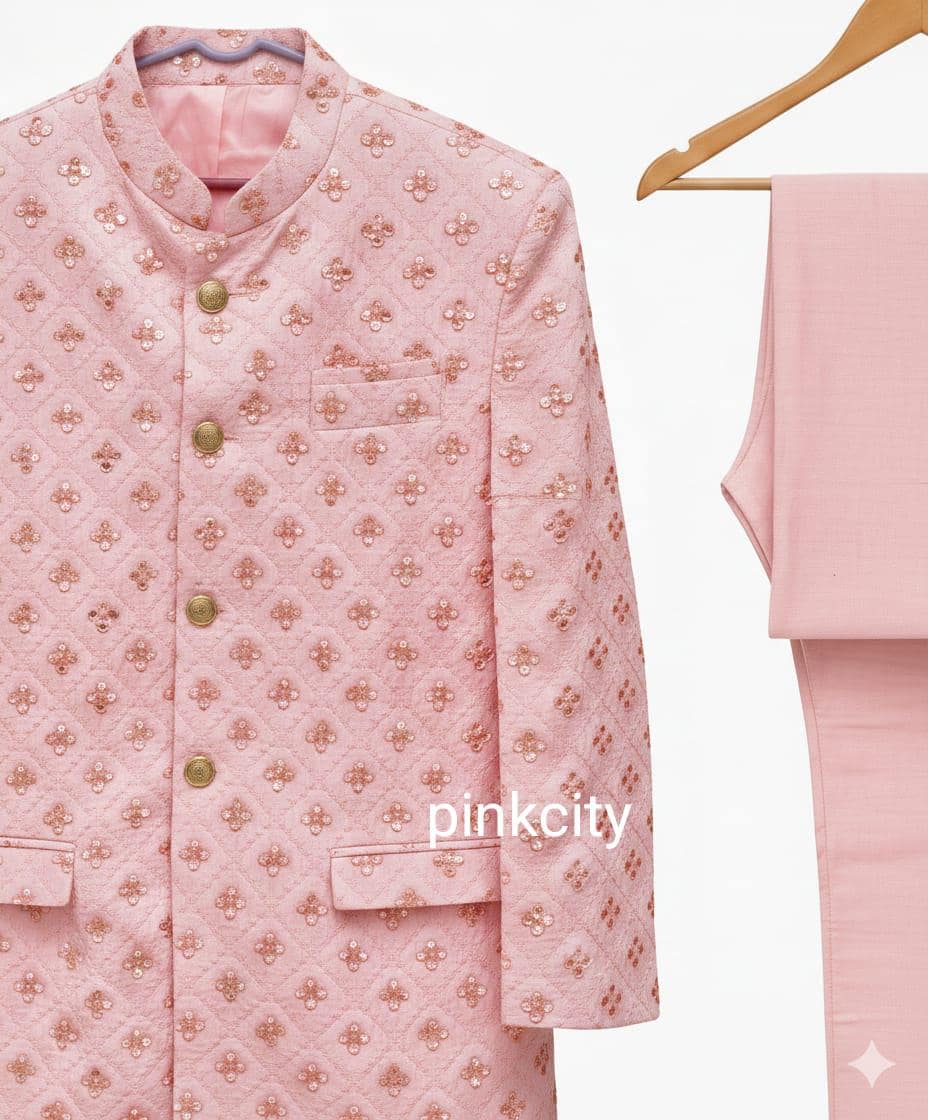 Pastel Pink Embroidered Jodhpuri Suit | Sequin Work Bandhgala Men's Festive Wear - image 3