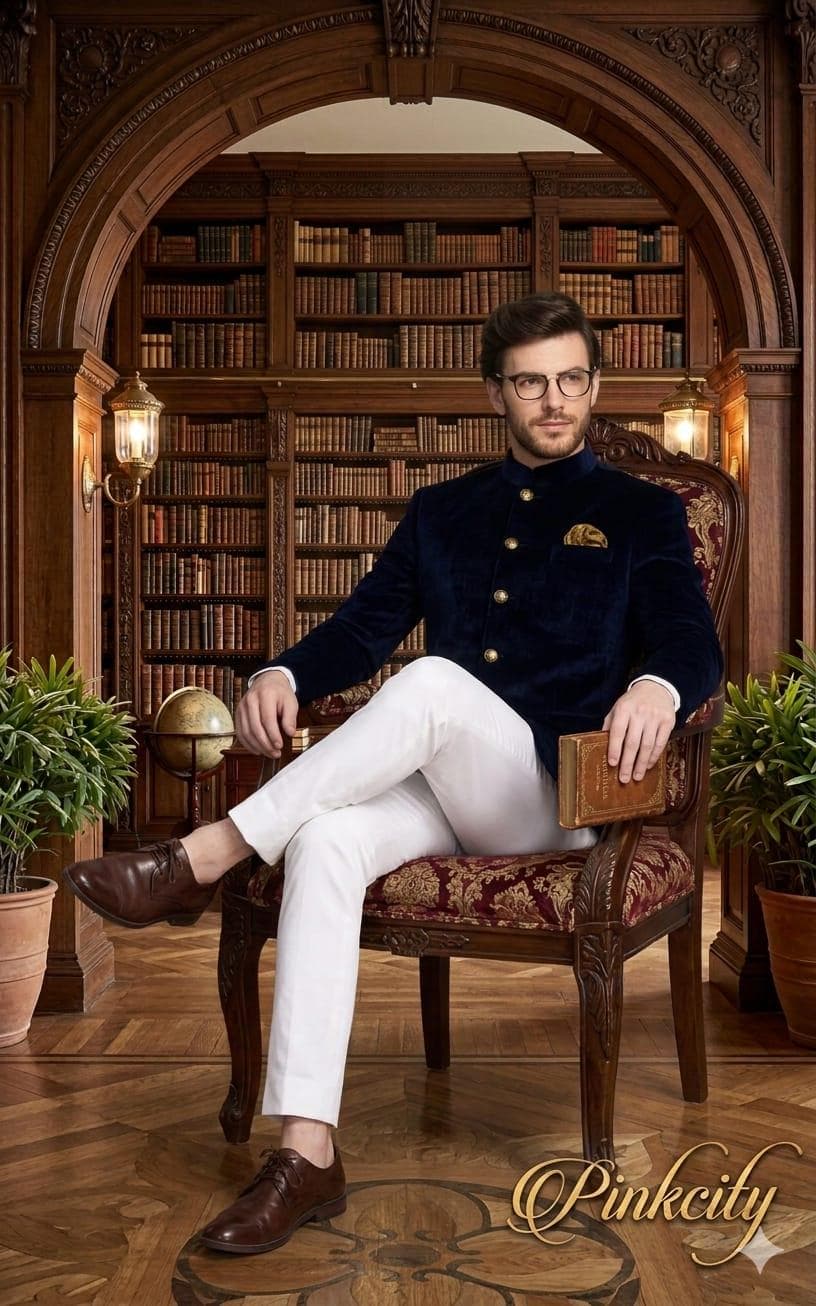 Navy Blue Velvet Jodhpuri Suit | Men's Bandhgala Wedding Outfit - image 3