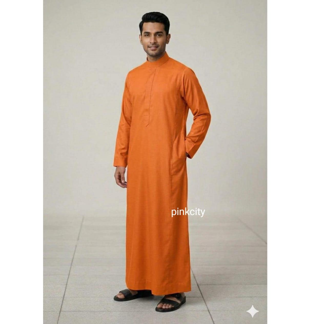 Men's Orange Long Kurta Thobe | Islamic Jubba for Ramadan, Eid Wear