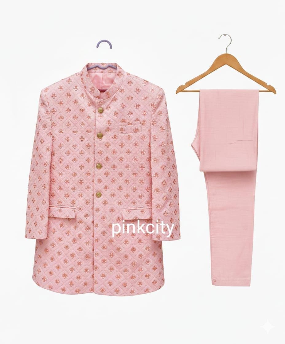 Pastel Pink Embroidered Jodhpuri Suit | Sequin Work Bandhgala Men's Festive Wear