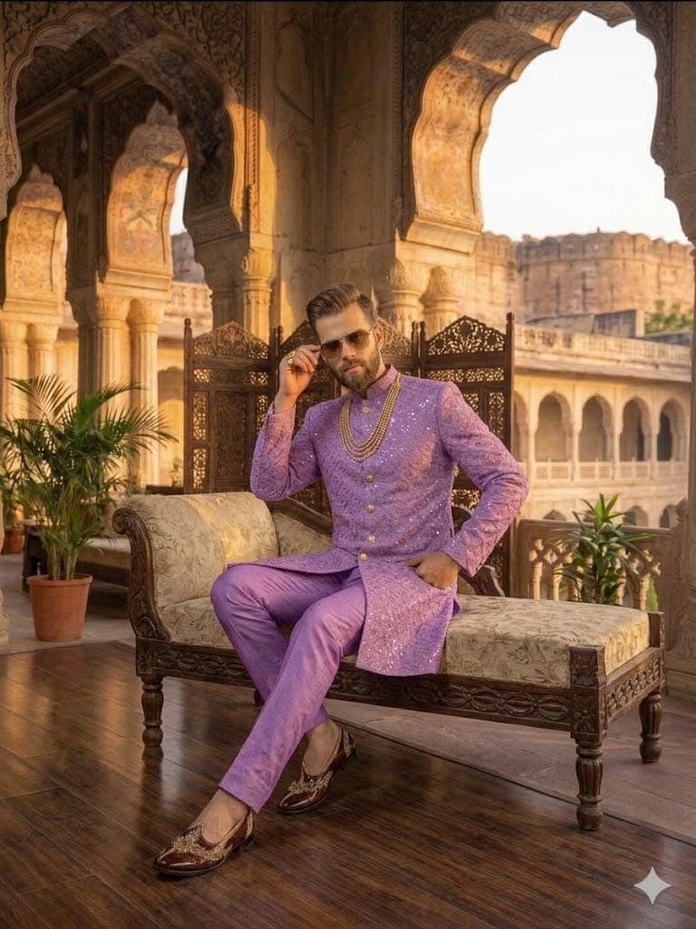 Men’s Purple Mirror Work Sherwani, Indian Wedding Groom Outfit, Indo Western Sherwani for Men - image 3