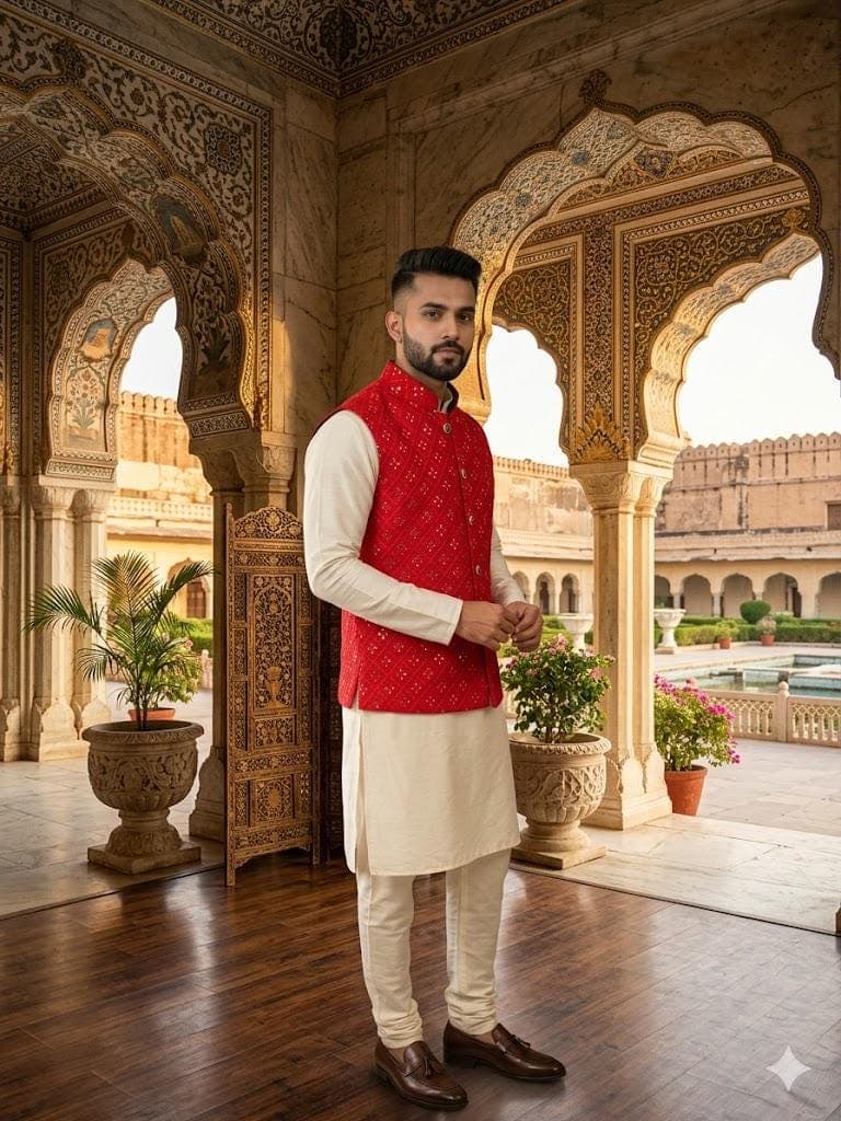 Men’s Red Nehru Jacket, Indian Wedding Waistcoat, Ethnic Jacket for Men, Festive , Groom Outfit - image 3