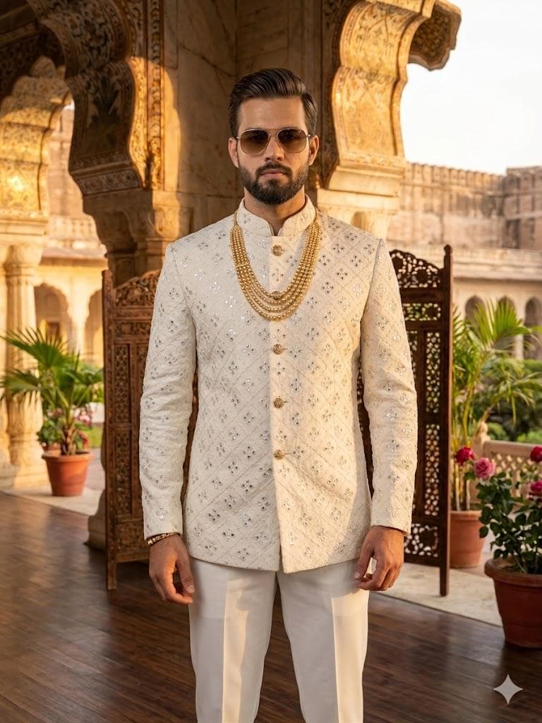 Men’s Jodhpuri Suit, Ivory Bandhgala Suit for Wedding, Indian Groom Outfit, Royal Sherwani Style