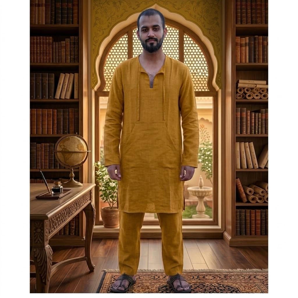 Luxury Yellow Linen Kurta Pajama Set for Men | Ethnic Wear | Designer Festive Kurta Minimalist