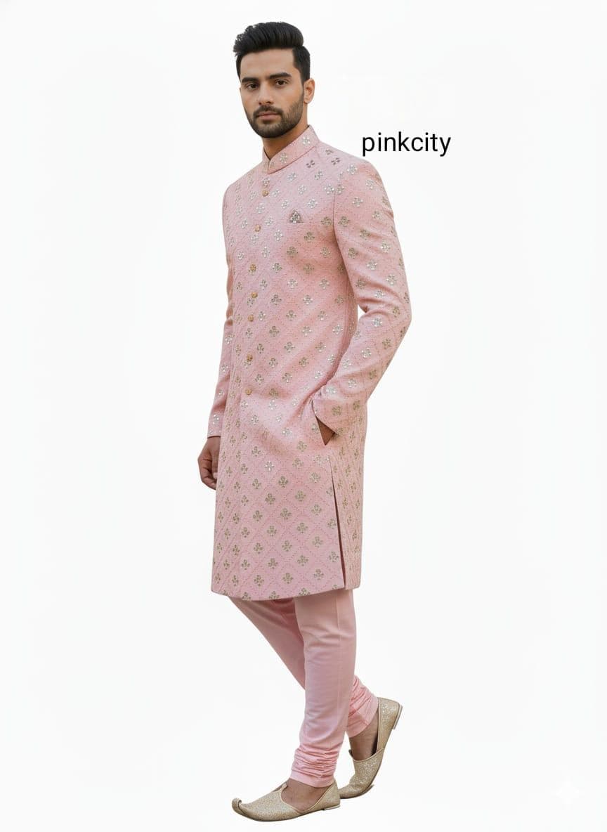Men’s Pink Sherwani | Mirror Work Wedding for Groom | Pastel Groom Outfit | Indian Ethnic Wear - image 3