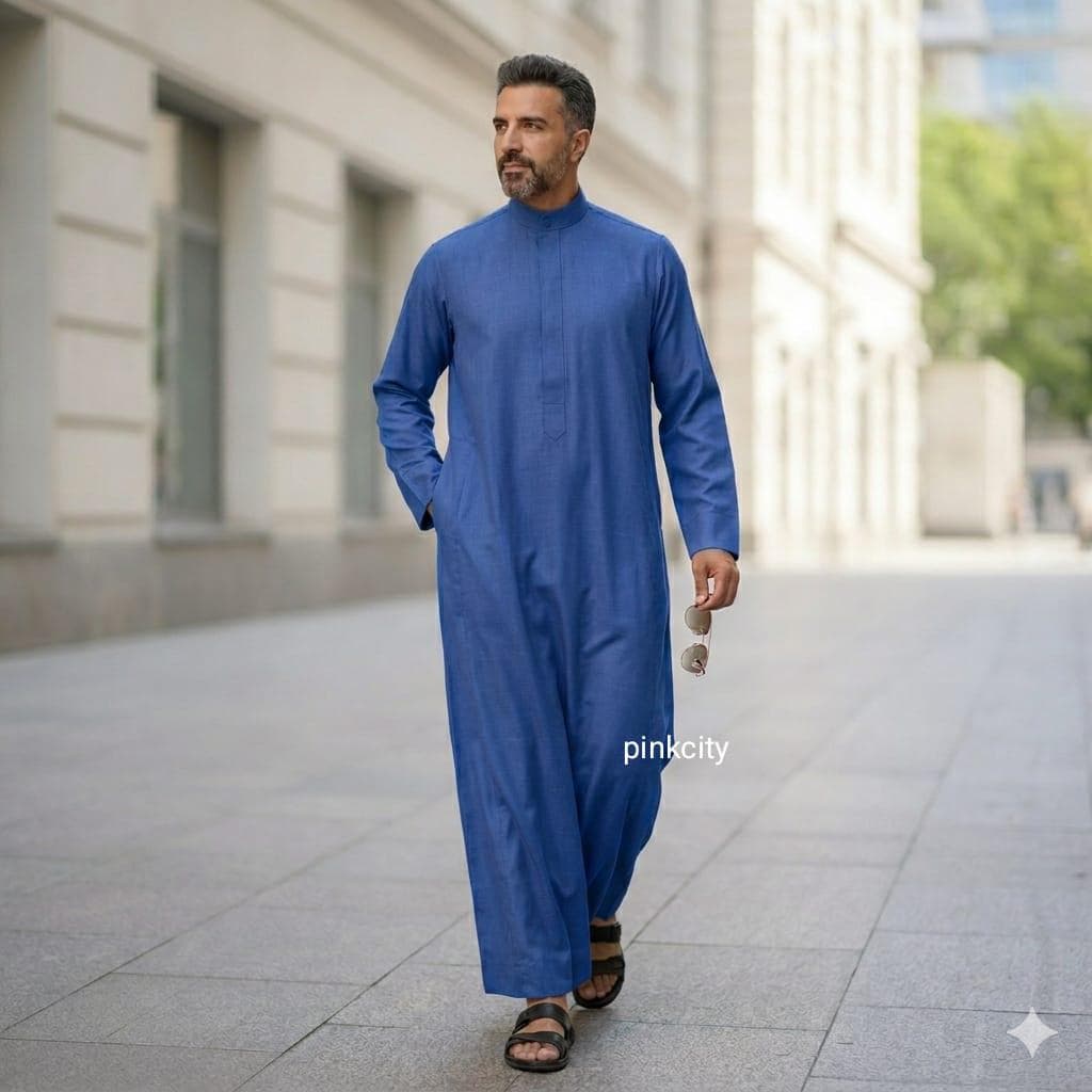 Men's Blue Thobe – Modern Saudi Style Cotton Jubba, Islamic Robe