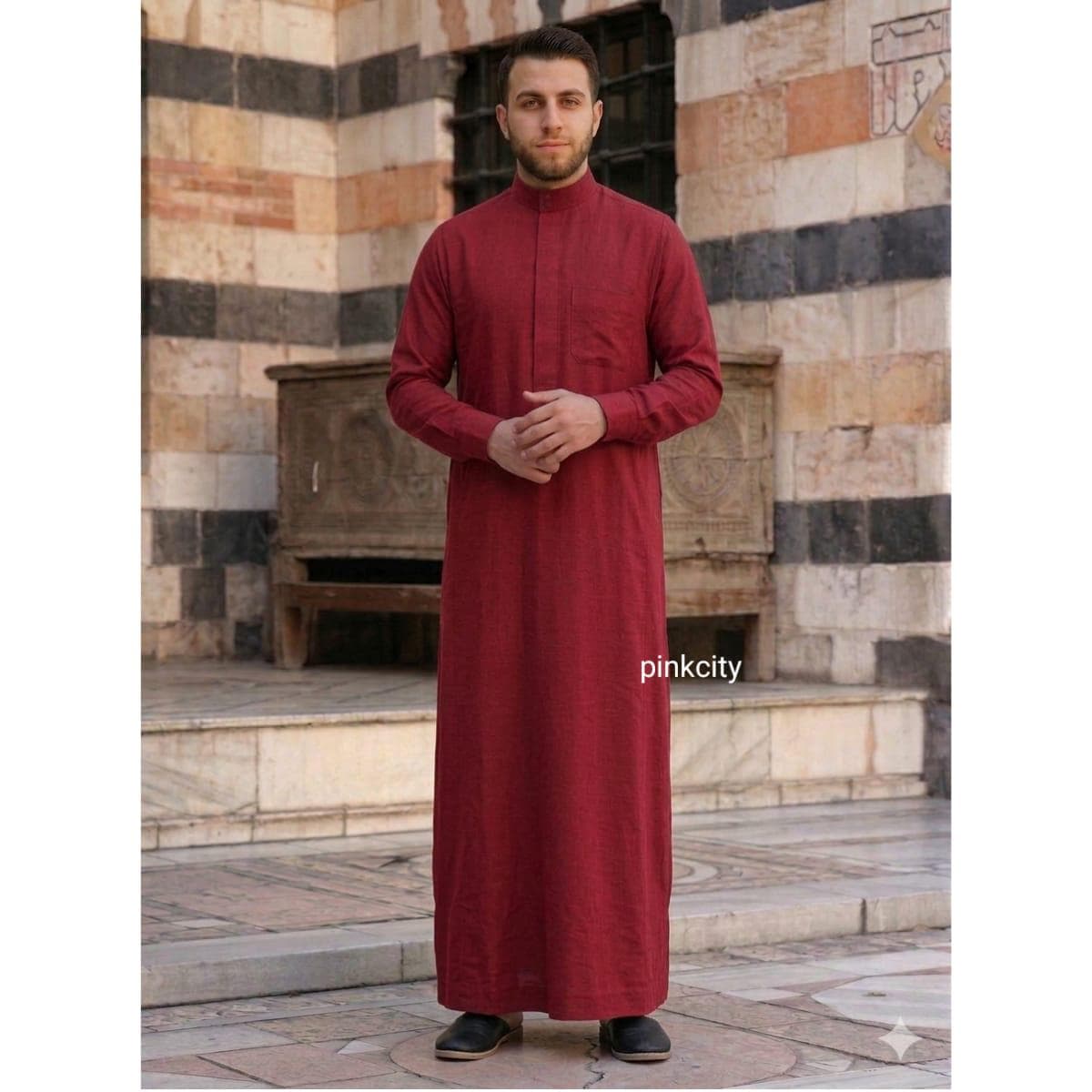 Men Maroon Thobe Jubba, Islamic Long Kurta, Muslim Prayer , Eastern Thobe, Ramadan Eid Clothing