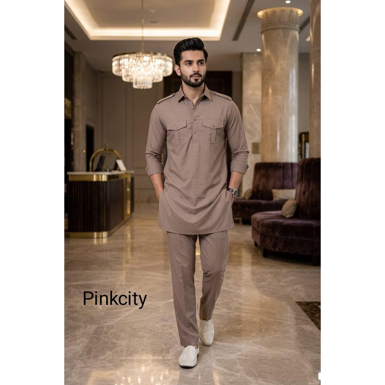 Men's Taupe Kurta Pajama Set | Pakistani Traditional Ethnic Wear, Modern Fit
