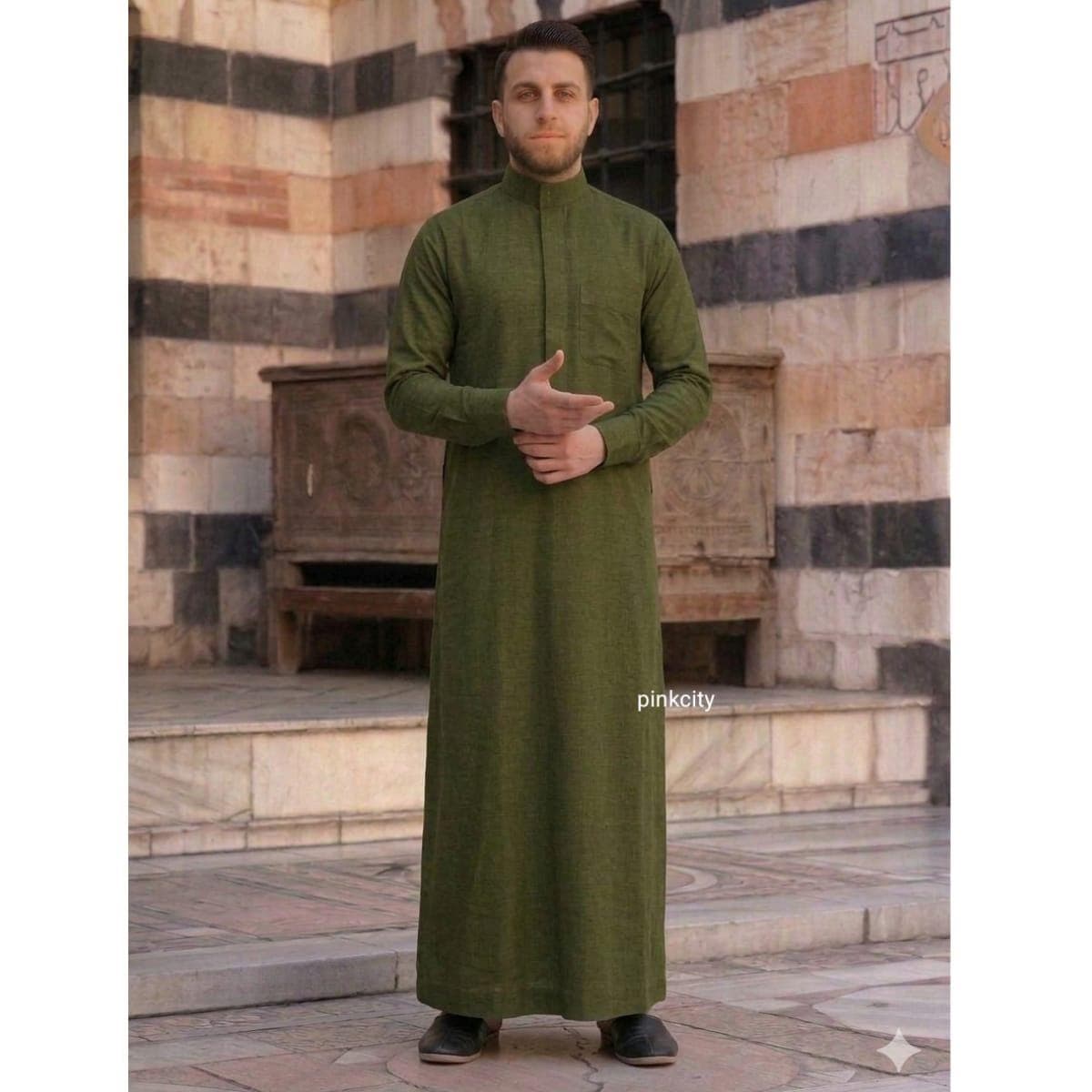 Men’s Olive Green Thobe Jubba, Islamic Long Kaftan, Prayer Dress, Eid Ramadan , Arabic Jubba