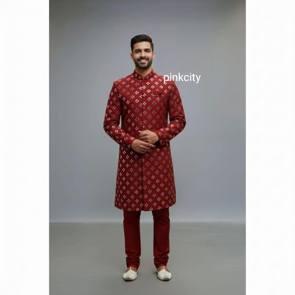 Men’s Green Mirror Work Sherwani | Indian Wedding Outfit for Groom | Designer Sherwani Set | Festive - image 3
