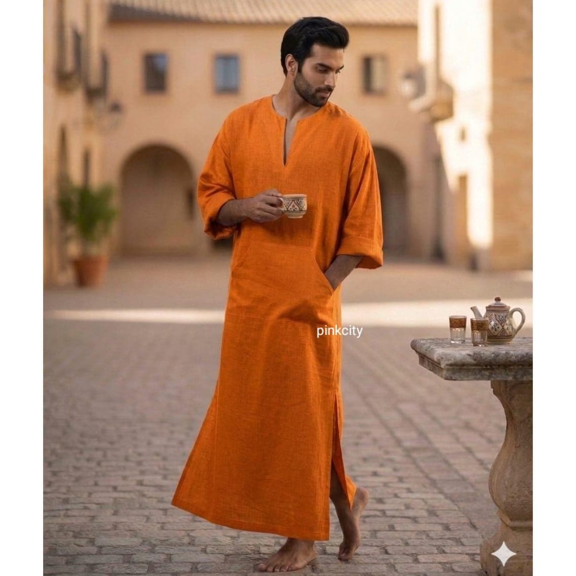 Men's Orange Linen Kaftan Thobe, Arabic Jubba Robe, Islamic Modest Wear