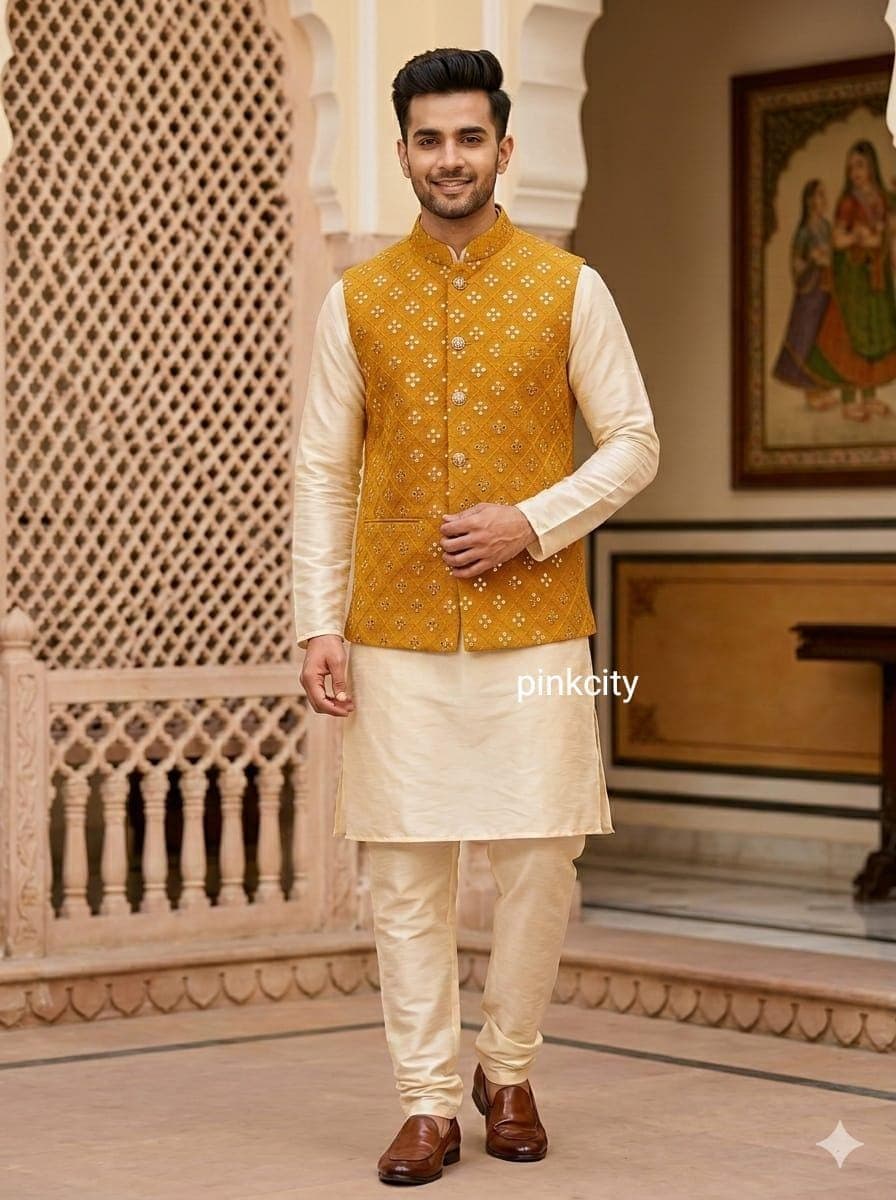Men’s Yellow Mirror Work Nehru Jacket – Haldi Ceremony for Groom – Wedding Wear – Festive Jacket - image 3