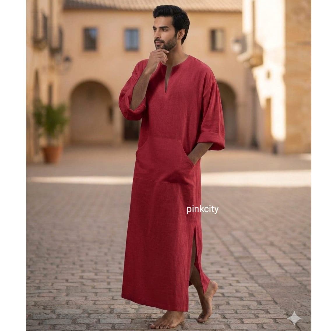 Men's Orange Linen Kaftan Thobe, Arabic Jubba Robe, Islamic Modest Wear - image 4