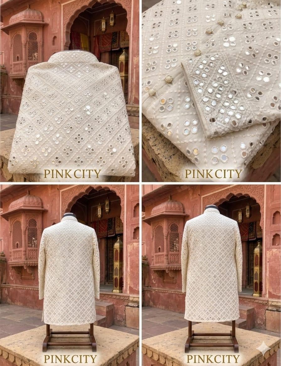 Ivory Mirror Work Sherwani for Men | Wedding Groom Ethnic Wear, Royal Style - image 4