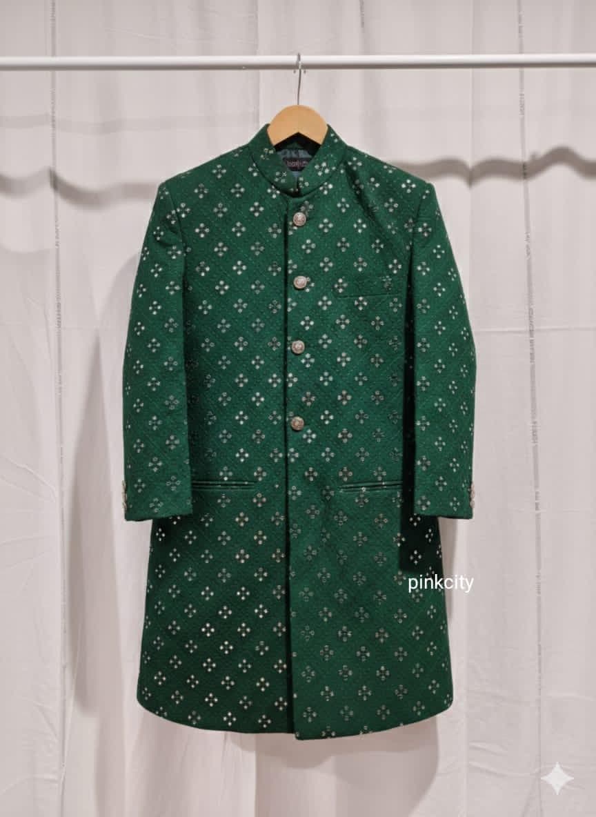 Luxury Emerald Green Embroidered Men’s Sherwani Kurta | Mirror Work Indo-Western Sherwani | Wedding - image 3