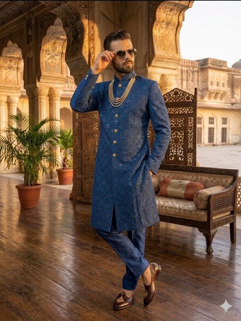 Men’s Blue Mirror Work Sherwani, Indian Wedding Groom Outfit, Indo Western Sherwani Men Ethnic - image 5