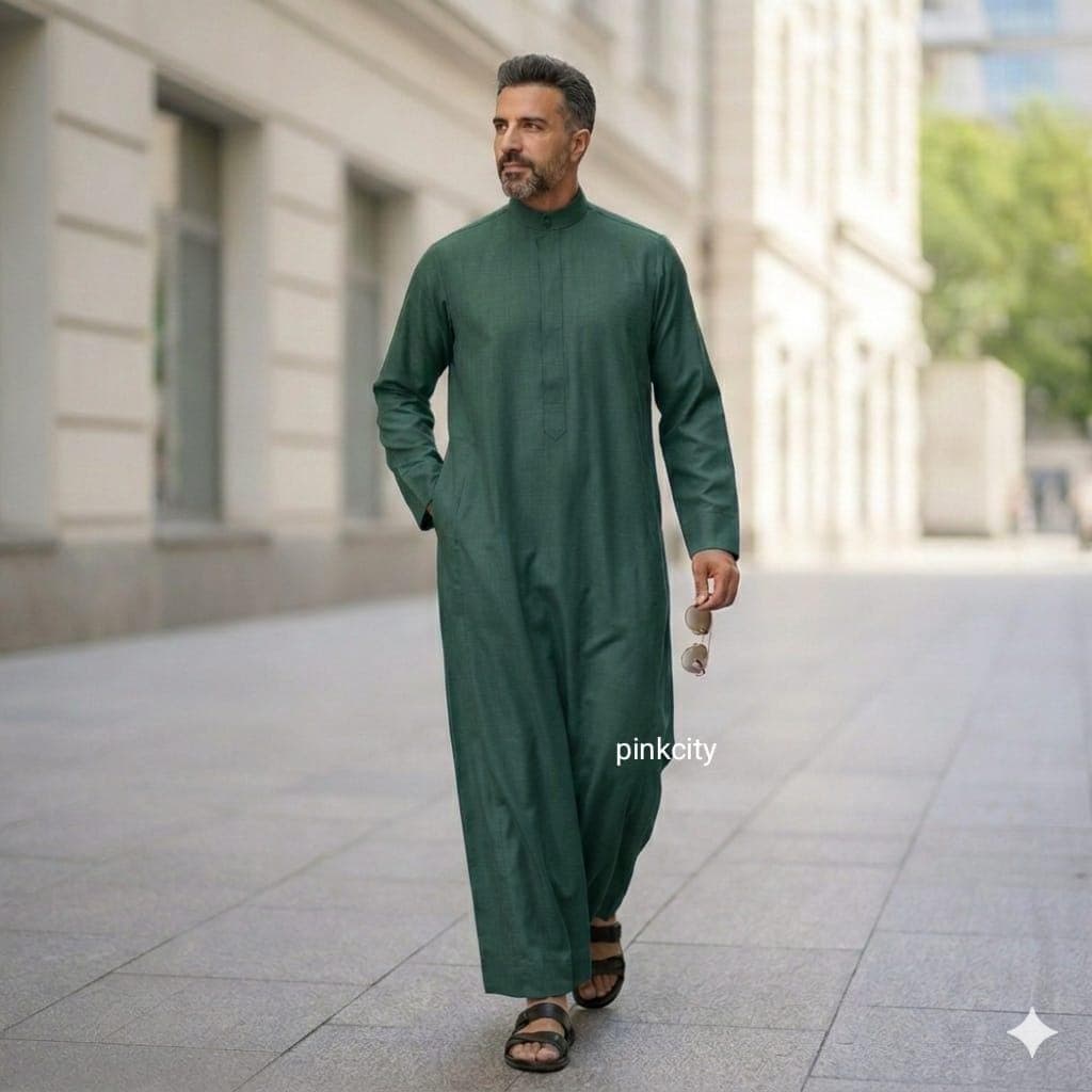 Emerald Green Men's Thobe | Cotton-Linen Blend Jubba, Islamic Kaftan