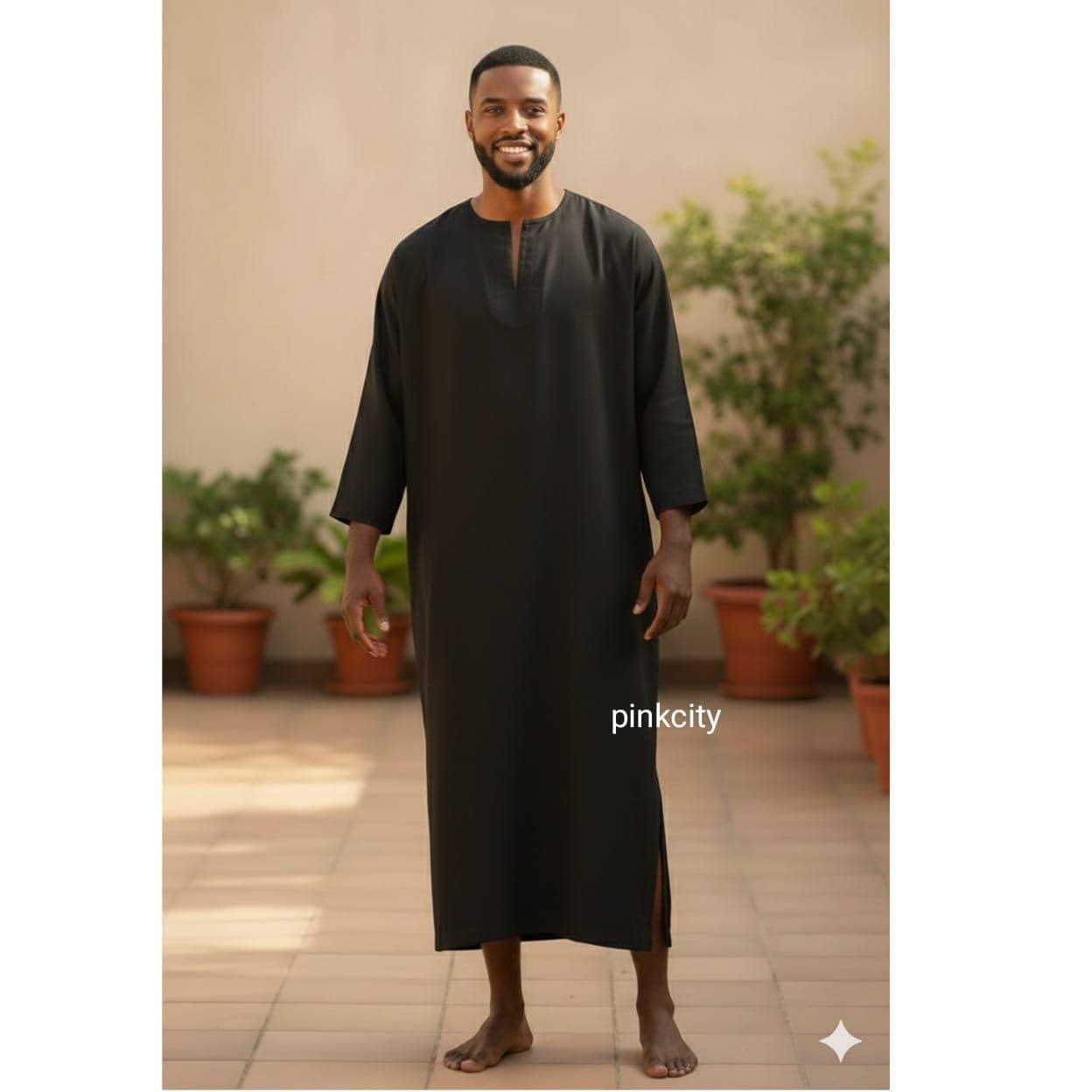 Men's Black Moroccan Kaftan Robe | Minimalist Cotton Loungewear, Meditation Style