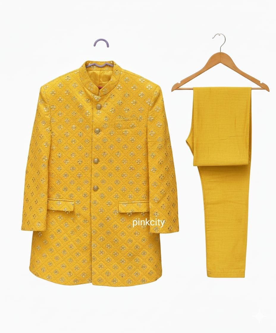 Yellow Embroidered Jodhpuri Suit | Mirror Work Bandhgala Men's Festive Wear