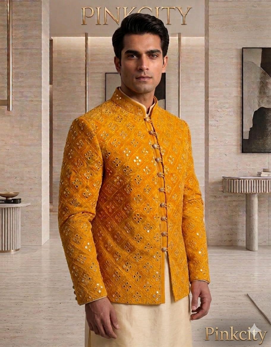Men's Mustard Yellow Mirror Work Sherwani, Indian Wedding Groom Outfit, Bandhgala Set - image 3