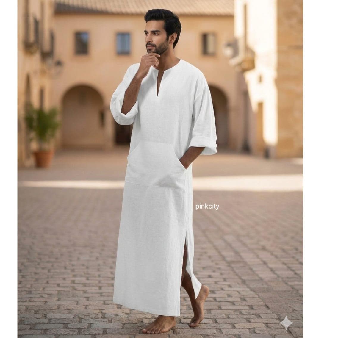 Men's White Linen Kaftan Thobe, Arabic Jubba Robe, Islamic Modest Wear